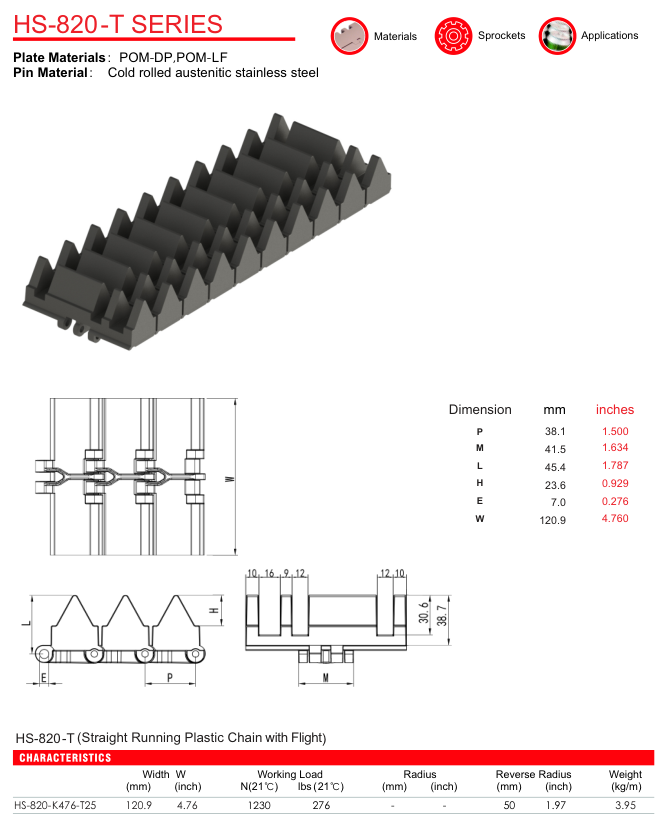 Цепь пластинчатая пластиковая серии HS-820-T
